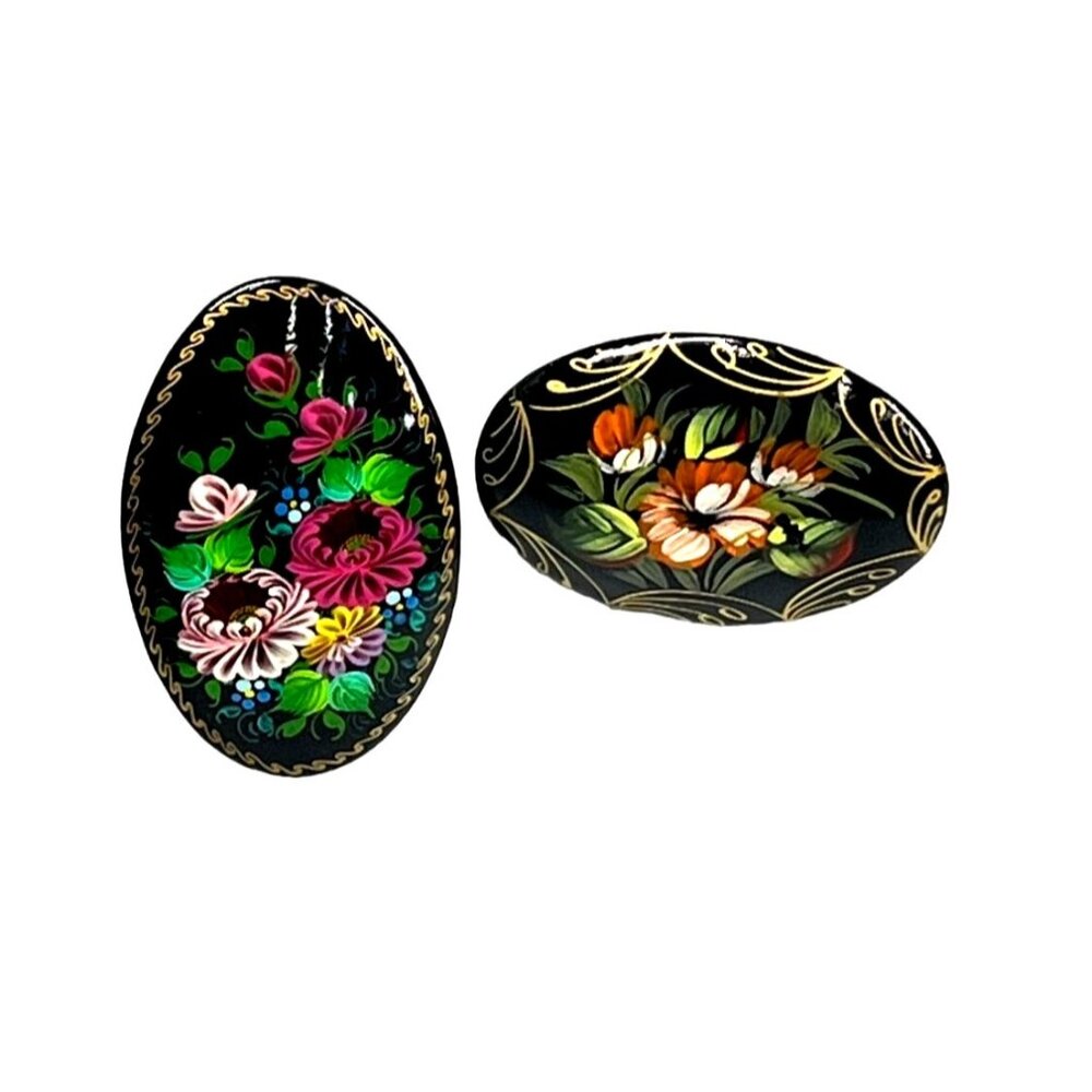 Vintage Handpainted Signed Blk Lacquered Floral Themed Brooches - Set Of 2